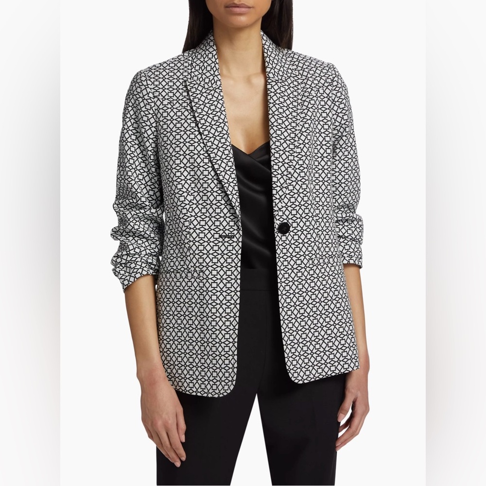 Elie Tahari Black & White Geometric Print 3/4 scrunched sleeve Blazer Size 8 - Picture 1 of 15